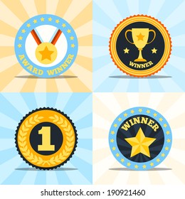 Award Winner Flat Labels Set Of Medal Cup Laurel Wreath Star Isolated Vector Illustration