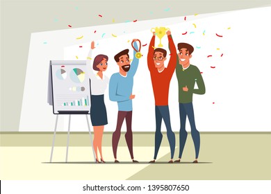 Award winner flat vector characters team. Leader, careerist holding golden trophy. Career goals, achievement cartoon illustration. Happy contestant with prize. Leader getting reward isolated clipart
