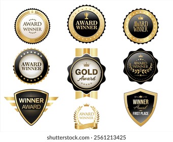 Award winner gold and black emblem and badges isolated on white background 