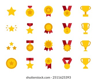 Award and winner icon set. Set of awards simple flat icons. Medal icon collection. Duotone color. Containing medal, medal ribbon, ribbon, st place, gold, badge, award, number, cup, star, trophy