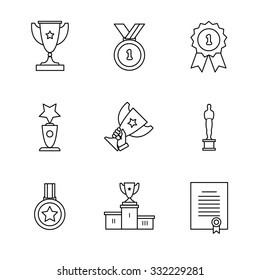 Award winner icons thin line art set. Black vector symbols isolated on white.