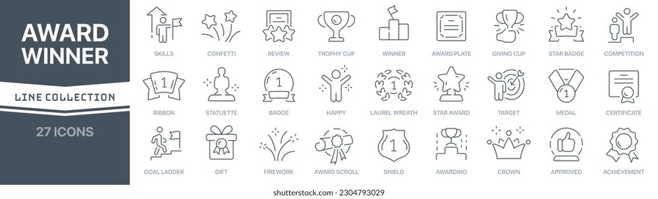 Award and winner linear signed icon collection. Signed thin line icons collection. Set of award and winner simple outline icons