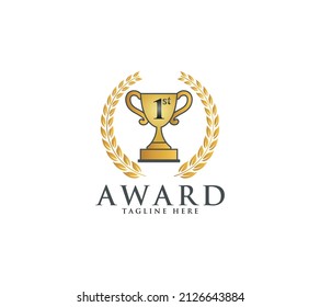 Award or winner logo vector image with laurel emblem and trophy cup on white background.