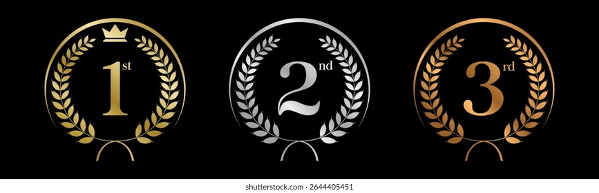 Award Winner Set Vector Illustration. Figures 1, 2, 3 In A Realistic Gold Silver Bronze with Laurel Wreath . Competition Game Concept. Isolated on black