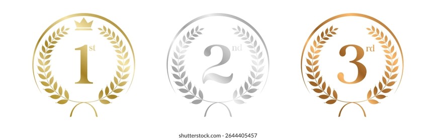 Award Winner Set Vector Illustration. Figures 1, 2, 3 In A Realistic Gold Silver Bronze with Laurel Wreath . Competition Game Concept. Isolated on white