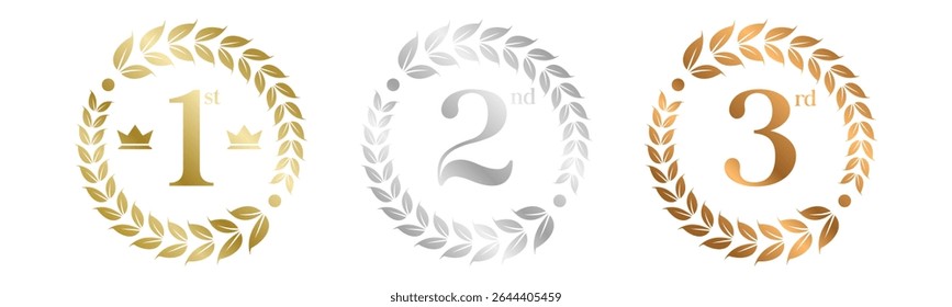 Award Winner Set Vector Illustration. Figures 1, 2, 3 In A Realistic Gold Silver Bronze with Laurel Wreath . Competition Game Concept. Isolated on white