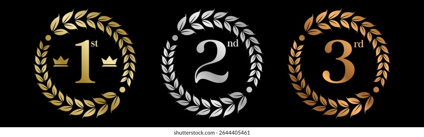 Preisträger Set Vektorgrafik. Abbildungen 1, 2, 3 in einer realistischen Gold Silber Bronze mit Lorbeerkranz . Wettbewerbsspielkonzept. Einzeln auf Schwarz