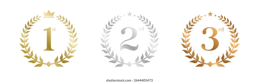 Award Winner Set Vector Illustration. Figures 1, 2, 3 In A Realistic Gold Silver Bronze with Laurel Wreath . Competition Game Concept. Isolated on white