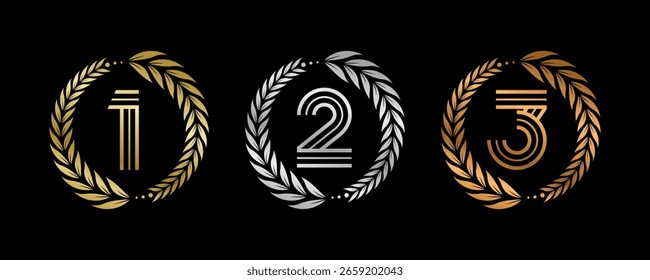Vencedor do prêmio Set Vetor Illustration. Figuras 1, 2, 3 Em um bronze de prata de ouro realista com coroa de louro . Conceito de Jogo de Competição. Isolado em preto