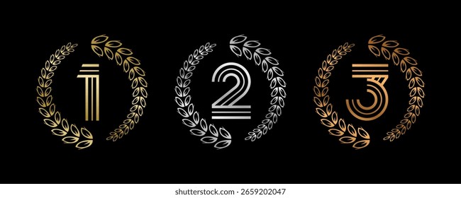 Ganador del premio Set Ilustración vectorial. Figuras 1, 2, 3 En un bronce de plata de oro realista con corona de laurel . Concepto de juego de competencia. Aislado en negro