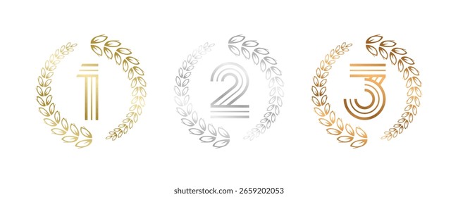 Ganador del premio Set Ilustración vectorial. Figuras 1, 2, 3 En un bronce de plata de oro realista con corona de laurel . Concepto de juego de competencia. Aislado en blanco