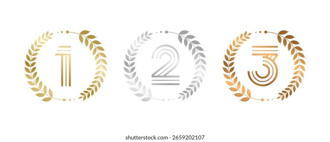 Ganador del premio Set Ilustración vectorial. Figuras 1, 2, 3 En un bronce de plata de oro realista con corona de laurel . Concepto de juego de competencia. Aislado en blanco