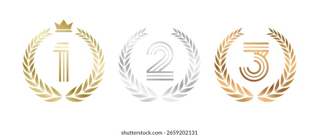 Vencedor do prêmio Set Vetor Illustration. Figuras 1, 2, 3 Em um bronze de prata de ouro realista com coroa de louro . Conceito de Jogo de Competição. Isolado no branco