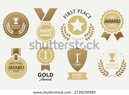 Award Winner simple emblem collection of gold laurel and gold emblem first place with text isolated on white background 