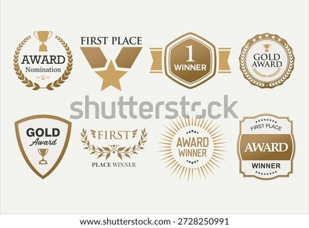 Award Winner simple emblem collection of gold laurel and gold emblem first place with text isolated on white background 