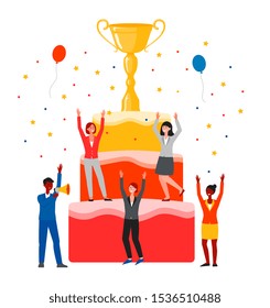 Award winner team celebration - cartoon characters in business clothes celebrating success win on three tier cake with golden trophy cup on top - flat isolated vector illustration