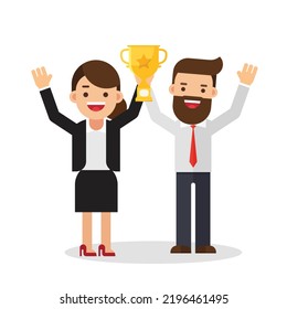 Award Winning Business Company, Man And Woman Holding Trophy