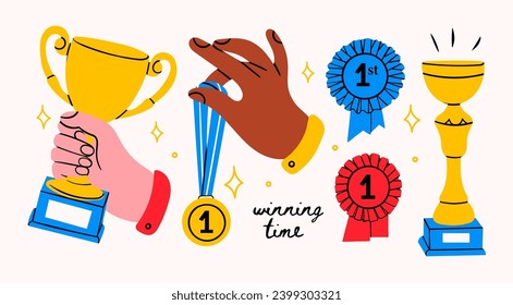 Award, winning cup, first place medal, ribbon prize. Hand holding gold medal and champion trophy cup. Hand drawn trendy Vector illustration. Isolated design elements. Victory, competition concept