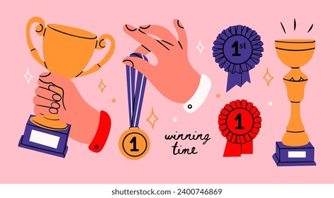 Award, winning cup, first place medal, ribbon prize. Hand holding gold medal and champion trophy cup. Hand drawn trendy Vector illustration. Isolated design elements. Victory, competition concept