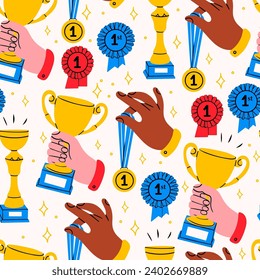 Award, winning cup, first place medal, ribbon prize. Hand holding gold medal and champion trophy cup. Hand drawn trendy Vector illustration. Square seamless Pattern. Victory, competition concept