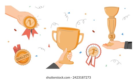 Award, winning cup, first place medal, ribbon prize. Hand holding gold medal and champion trophy cup. Hand drawn trendy Vector illustration. Isolated design elements. Victory, competition concept