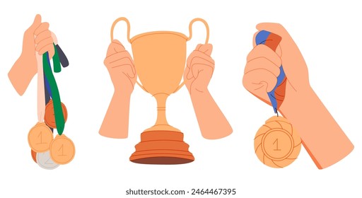 Award, winning cup, first place medal, ribbon prize. Hand holding gold medal and champion trophy cup. Hand drawn trendy Vector illustration. Isolated design elements. Victory, competition concept