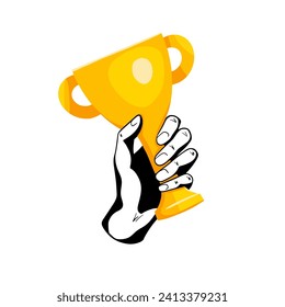 Award, winning cup, Hand holding gold champion trophy cup. Hand drawn trendy Vector illustration. Isolated design elements. Victory, competition concept