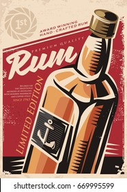 Rum premiado artesanal artesanal, modelo de design de cartaz retro com garrafa de rum no fundo de papel velho vermelho. Bebidas alcoólicas propaganda conceitual.