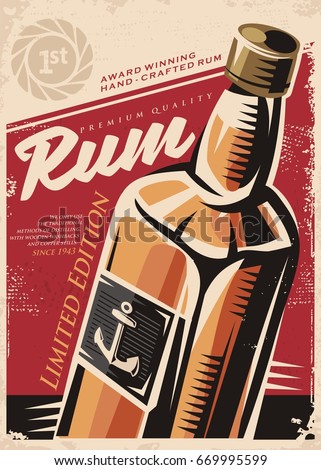 Award winning hand crafted rum, retro poster design template with rum bottle on red old paper background. Alcoholic drinks conceptual advertise.