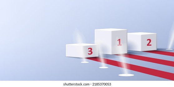 Podium galardonado con el primer segundo y tercer lugar escalones y alfombra roja con focos. Ilustración del vector