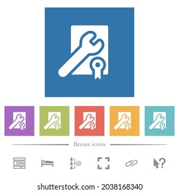 Award winning services solid flat white icons in square backgrounds. 6 bonus icons included.