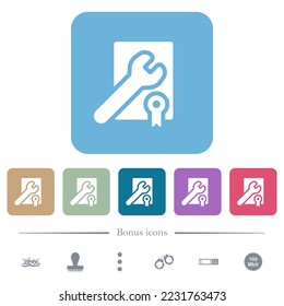 Award winning services solid white flat icons on color rounded square backgrounds. 6 bonus icons included