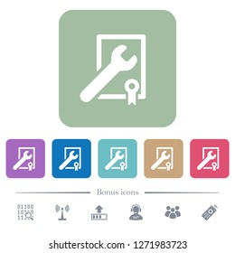 Award winning services white flat icons on color rounded square backgrounds. 6 bonus icons included