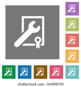 Award winning support flat icon set on color square background.