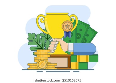 Awarding concept. hand holding a prize to be awarded. Recognition, bonus, award. Trophy, medal, money in hand. best achievement. winning the competition. Flat design vector illustration.