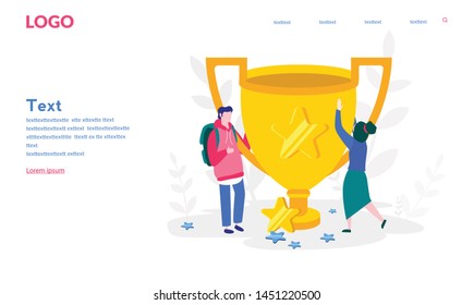 Awarding or taking the rewards. Vector illustration for web banner, print, infographics, mobile website. Landing page template. winner business and achievement concept. Business success. Big trophy 