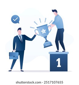 Awarding the winner. Boss or chief give cup to winner. Happy man stands on podium. First place, best employee of month. Reward after competition, trophy. Successful male character. vector illustration