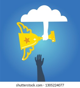 Awarding the winner, gold cup, successful business, hand from the cloud conveys the trophy to the winner, proclaiming success, achieving the goal, first place, flat style, vector, illustration