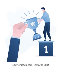 Awarding the winner. Huge hand give cup to winner. Happy man stands on podium. First place, best employee of the month. Reward after competition, trophy. Successful male character. vector illustration