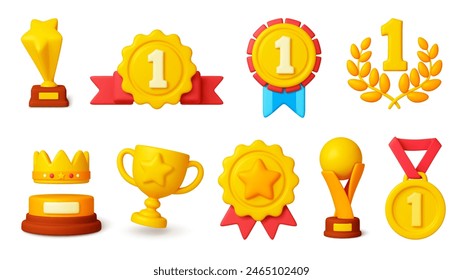 Awards 3d elements. Golden prizes and medals, cups and trophy. Isolated gold crown and stars. Render realistic championship awards pithy set