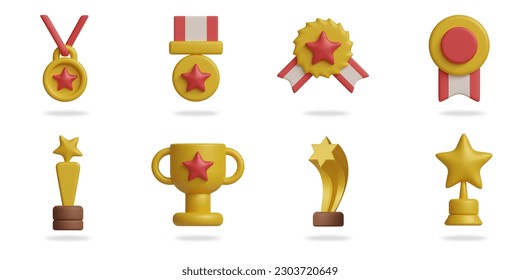 entrega un conjunto de iconos vectoriales 3D.
medalla, premio estrella, premio de copa, trofeo