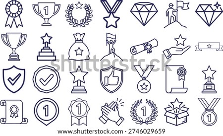 Awards and Achievement Icon Set: Minimalist Line Art Collection of Trophies, Medals, Winner Podiums, and Excellence Certificates.