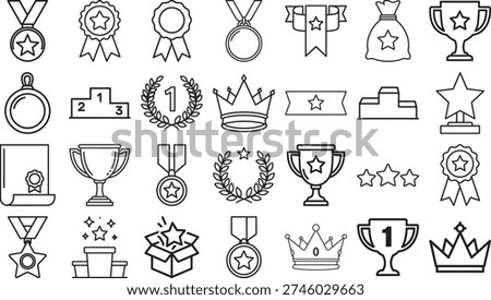Awards and Achievement Icon Set: Minimalist Line Art Collection of Trophies, Medals, Winner Podiums, and Excellence Certificates.