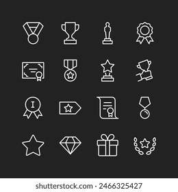 Awards and achievements icon set, white lines on black background. Medals, trophies, accolades celebrating success. Certificates, honor badges, laurels of victory. Customizable line thickness.