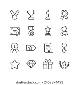 Awards and Achievements, linear style icon set. Medals, trophies, and accolades celebrating success. Certificates of recognition, badges of honor, laurels of victory. Editable stroke width.