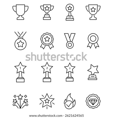 Awards and Achievements linear style icon set. Reward, bonus, loyalty, star, winner, benefit, champion, awards and bonuses outline icon collection. Medals, trophies and accolades celebrating success. 
