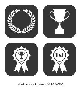 Awards badges and cups icons vector set on gray  buttons