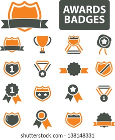 awards, badges, trophy, labels, achievement, victory, icons, signs set, vector