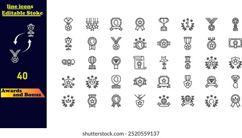 Awards and Bonus outline icon collection, featuring thin line vector illustrations of icons such as trophies, medals, diplomas, champions, number one, stars, winners, and ribbons. Icon set.