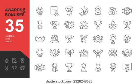 Awards and Bonuses Editable Icons set. Vector illustration in modern thin line style of icons, such as: Cups, Awards, Medals, Diplomas, Champion, Number One, Stars,  Winner, Ribbon. Isolated on white